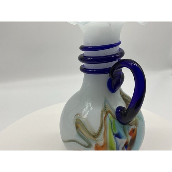 Murano Style Hand Blown Glass Pitcher With Cobalt Blue Rope And Handle Vintage - Picture 13 of 16